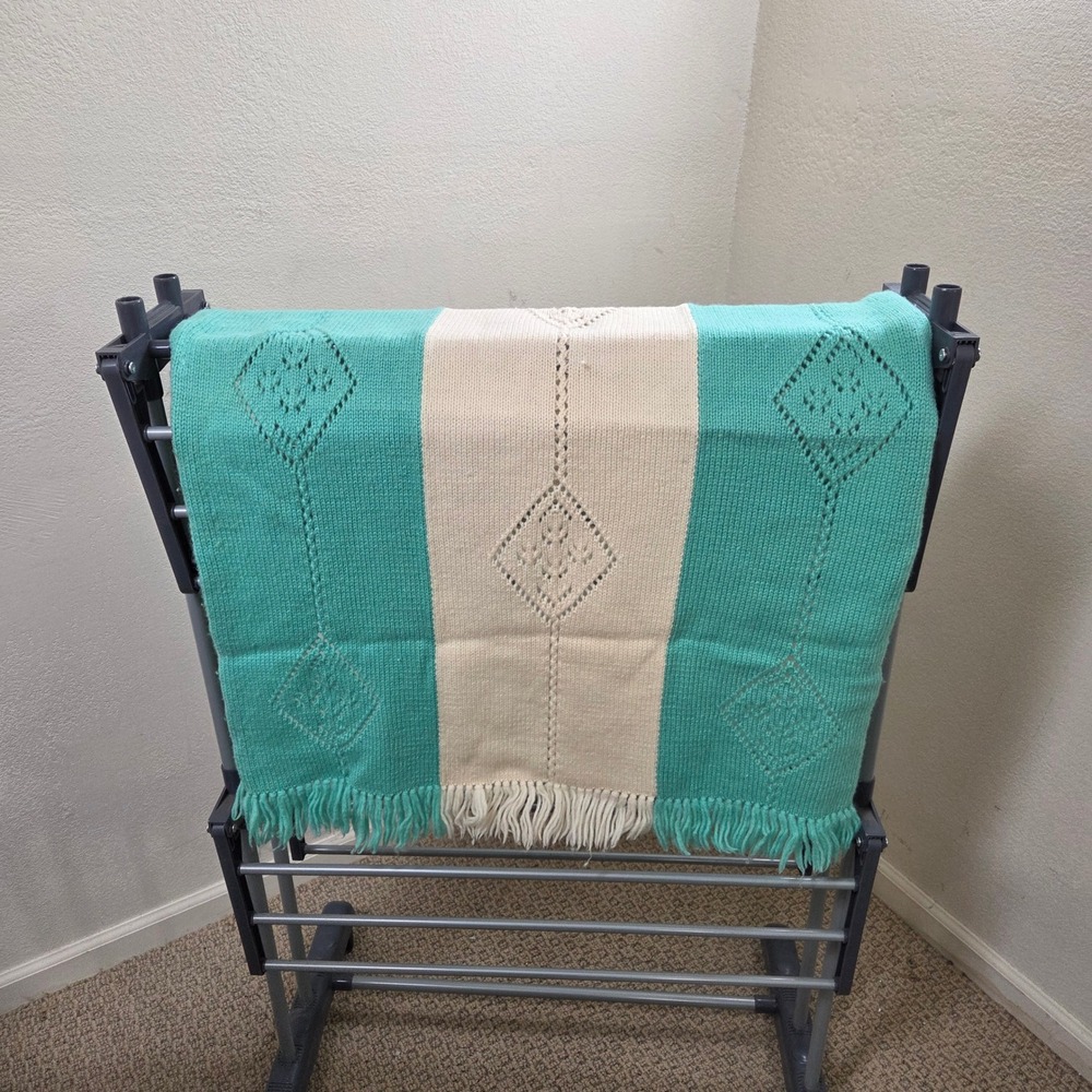 Vtg Wool Pointelle Knit Baby Blanket Teal Ivory Diamond Geometric Fringed 43x38
